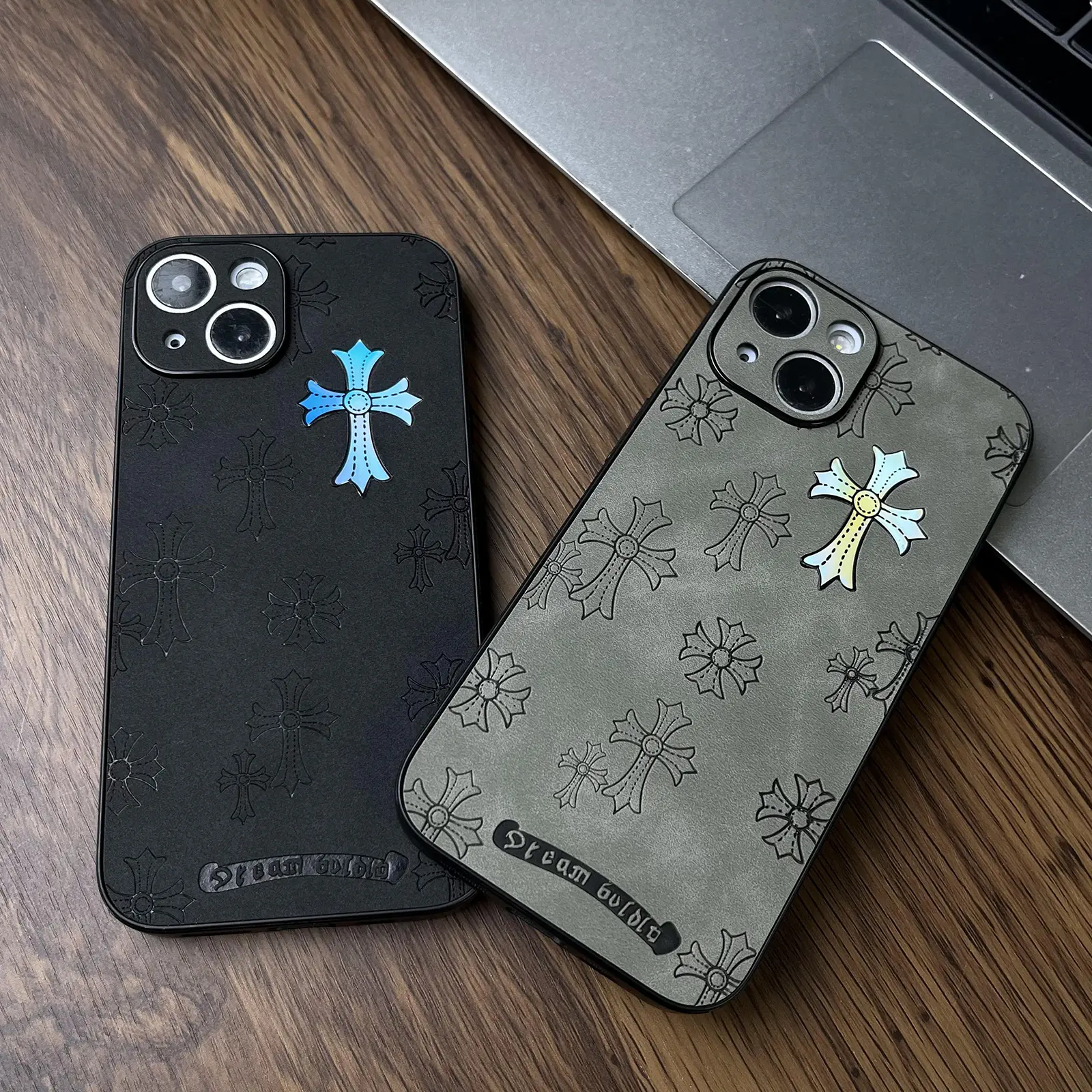 Cross logo leather phone case compatible with iPhone 17/16/15/14/13 Pro Max, iPhone 16/15Plus luxury pure plain leather ultra-thin business phone case 2026 6.1 inches (black)