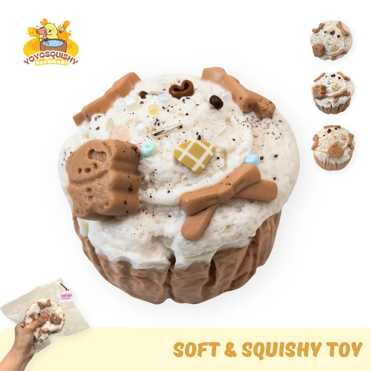 YOYOSQUISHY Taba Bear Cupcake Squishy Toy, Handmade Food-Grade Silicone Stress Reliever, Sweet Adorable Muddy Texture Gift with Ready Box, 8.2x7x6 cm, Taba Squishy