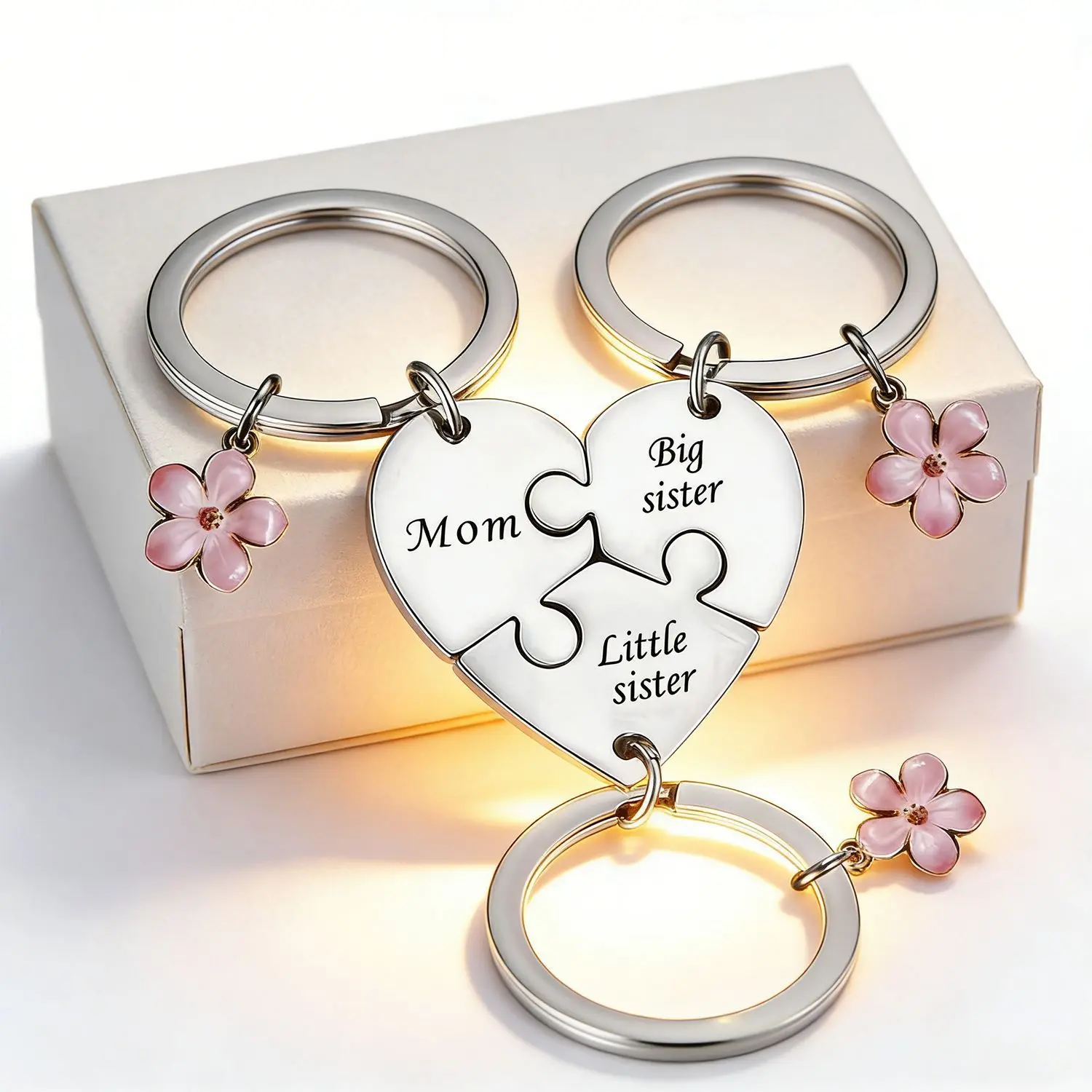 New Cross-Border Design: Stainless Steel Flower Keychain 3-Piece Set - A Gift for Couples and Families link chain autumn rapper cuban Adjustable Heart Rate Bracelet
