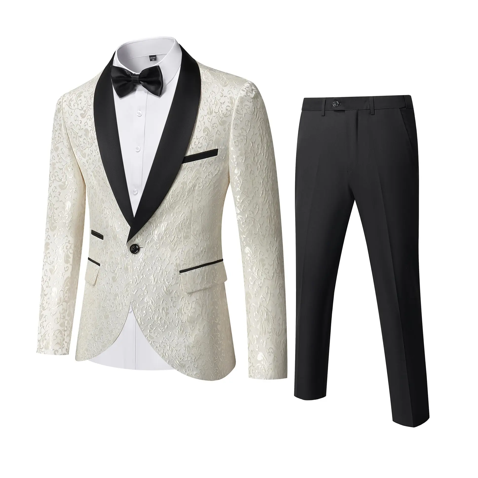 Men's 3-Piece Stylish Shiny Jacquard Fabric Tuxedo Suit, Regular Fit Stretch Formal Wear with Peak Lapel for Weddings, Proms - Includes Matching Bow Tie (Menswear, Elegant Attire), Expert Tailoring, Tuxedo Jacket, Chic
