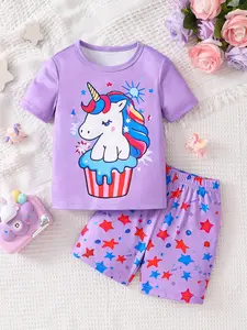Toddler Girls' Cute Cartoon Pattern T-Shirt & Shorts Set, Summer Outdoor Casual Fitted Elastic Waist Outfit