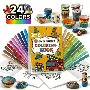 24Colors Acrylic Brush Marker Set, Automatic Ink Control acrylic paint pen & color acrylic gel pen, Waterproof Elastic Nib, Multi-Material High Quality Paint Pens, Free Coloring Book