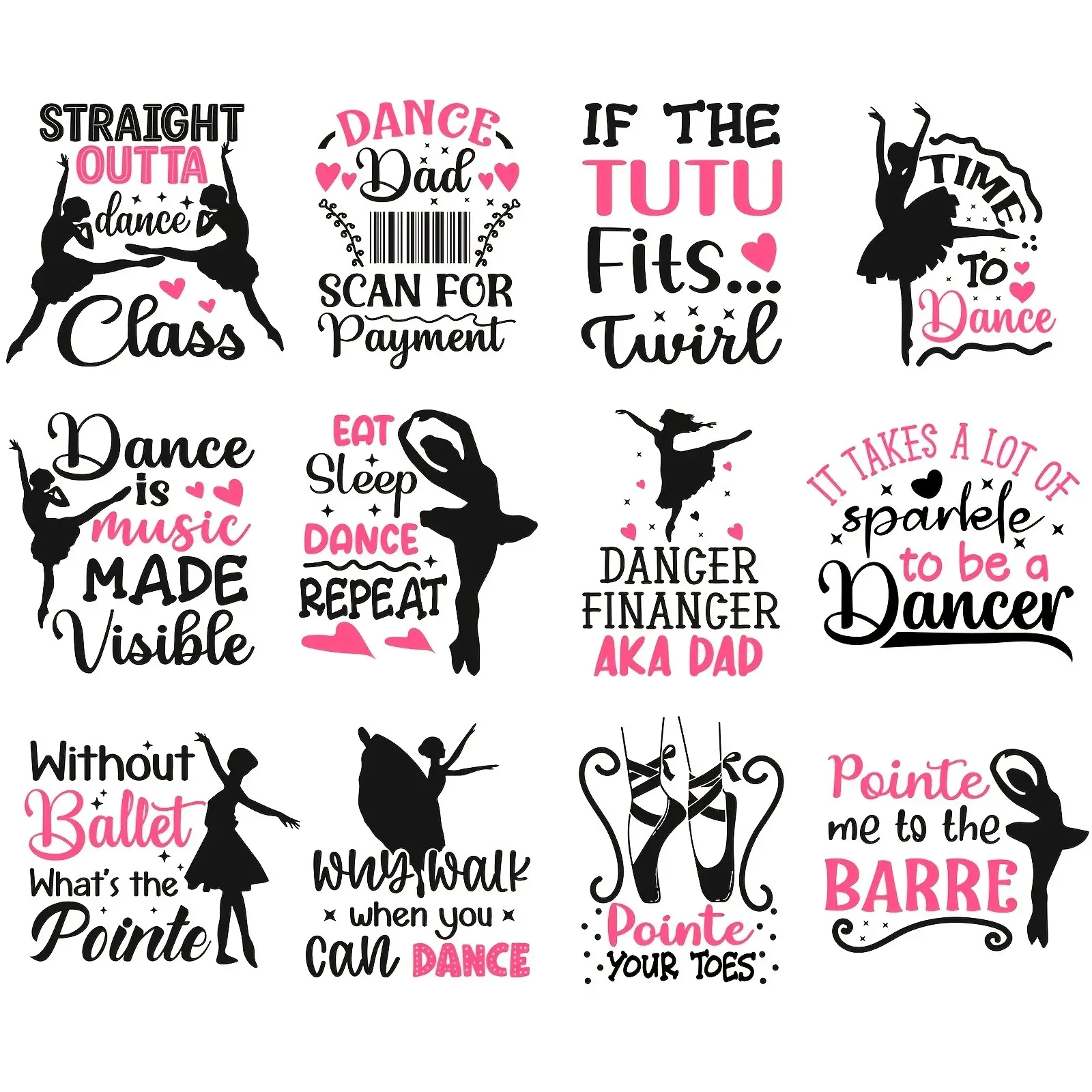 12 Pcs Ballet Dance Quote Iron-On Stickers, Washable DIY Decorative Stickers for T-Shirts, Pillows, Canvas Bags, Mixed Colors
