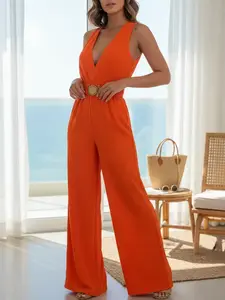 8005 Summer halter deep V-neck wide-leg jumpsuit, sleeveless high-waisted belted one-piece, women’s casual beach vacation outfit