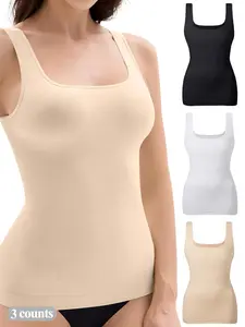 2/3 Pcs Women's Tummy Control Abdomen Shapewear Tank Tops, Minimalist Seamless Square Neck Body Sculpting Compression Tops, Slimming Body Shapewear, Solid Backless Shaper Black Friday All Saints' Day Chrismas, Body Shapewear, Womenswear