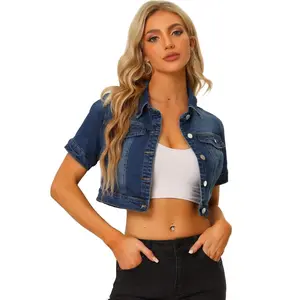INSPIRE CHIC Women's Casual Short Sleeves Crop Denim Jacket Medium Dark Blue