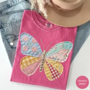 (Print) Comfort Colors Faux Patchwork Butterfly T-Shirt, Spring Butterfly Shirts, Shirts for Women, Floral Spring Patchwork