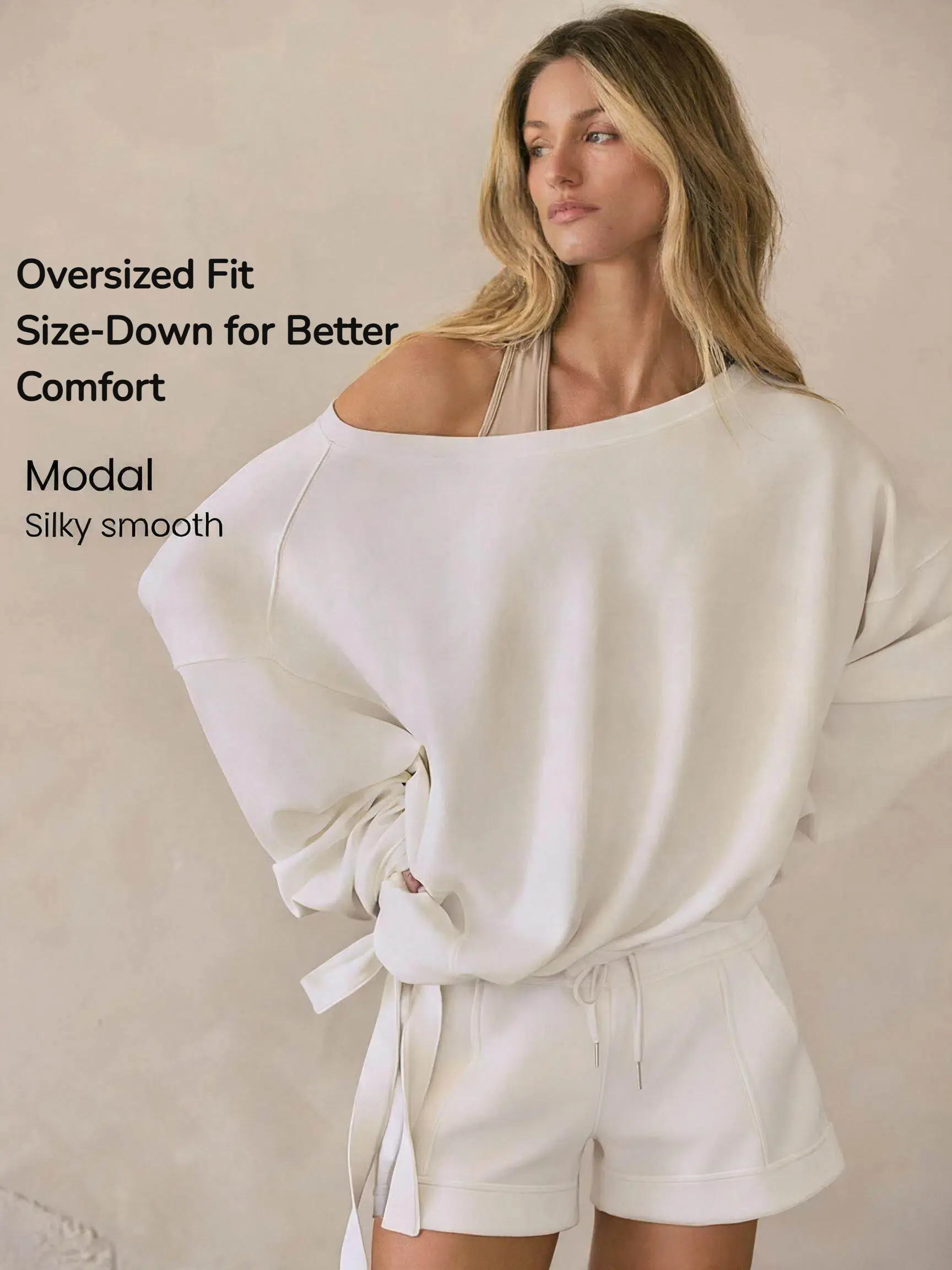 GLOWMODE Modal Silky Smooth One‑Shoulder Pullover Sweatshirt Single‑Side Bow Drawstring Adjustable Hem Breathable Casual Daily Wear