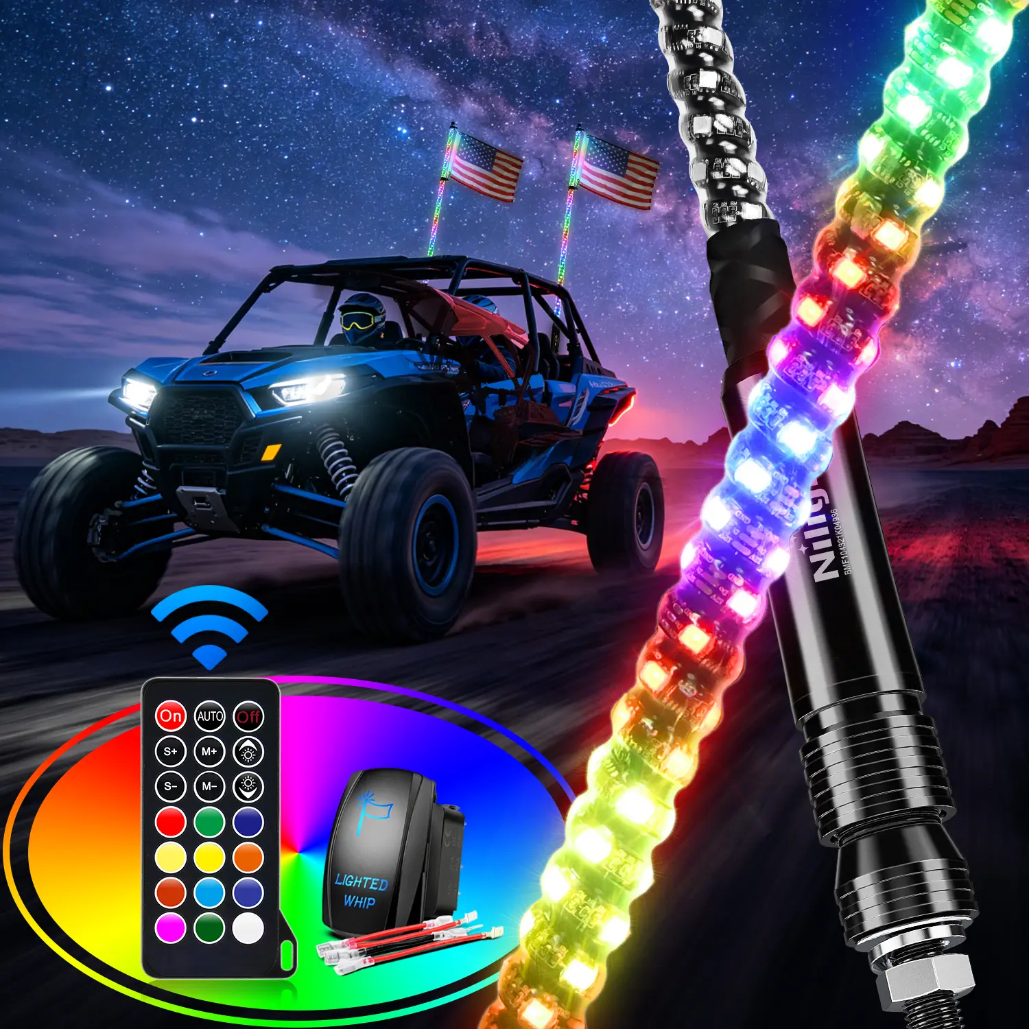 Nilight 2-Pack 4FT Spiral RGB LED Whip Antennas - Multi Mode, Adjustable RF Remote-Controlled Chasing/Dancing Offroad Lights for Can-am ATV UTV RZR Polaris, Rgb Led Lights, Adjustable Led Lights