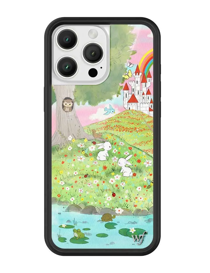Fairytale | Limited Edition Trendy iPhone Case | Raised Protective Black Bumper | Women Owned Small Business | Vibrant Scenery Bright Pond Beautiful Hills Bunnies and Owl With Flowers Tall Castle Rainbow Sky | Safety Casing Protective | Gift for Her