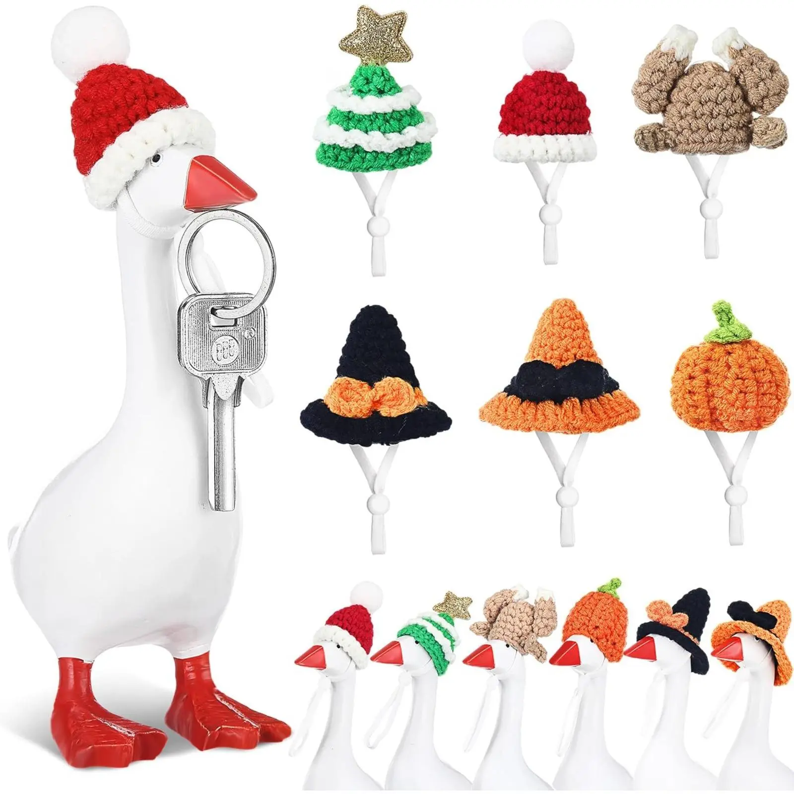 Adorable Office Desk Decor, 6 Adjustable Mini Knit Hats, 7-Inch Duck Head Ornament, Cute Ornament, Magnetic Key Clip, Fun Desktop Decoration for Home Office Classroom