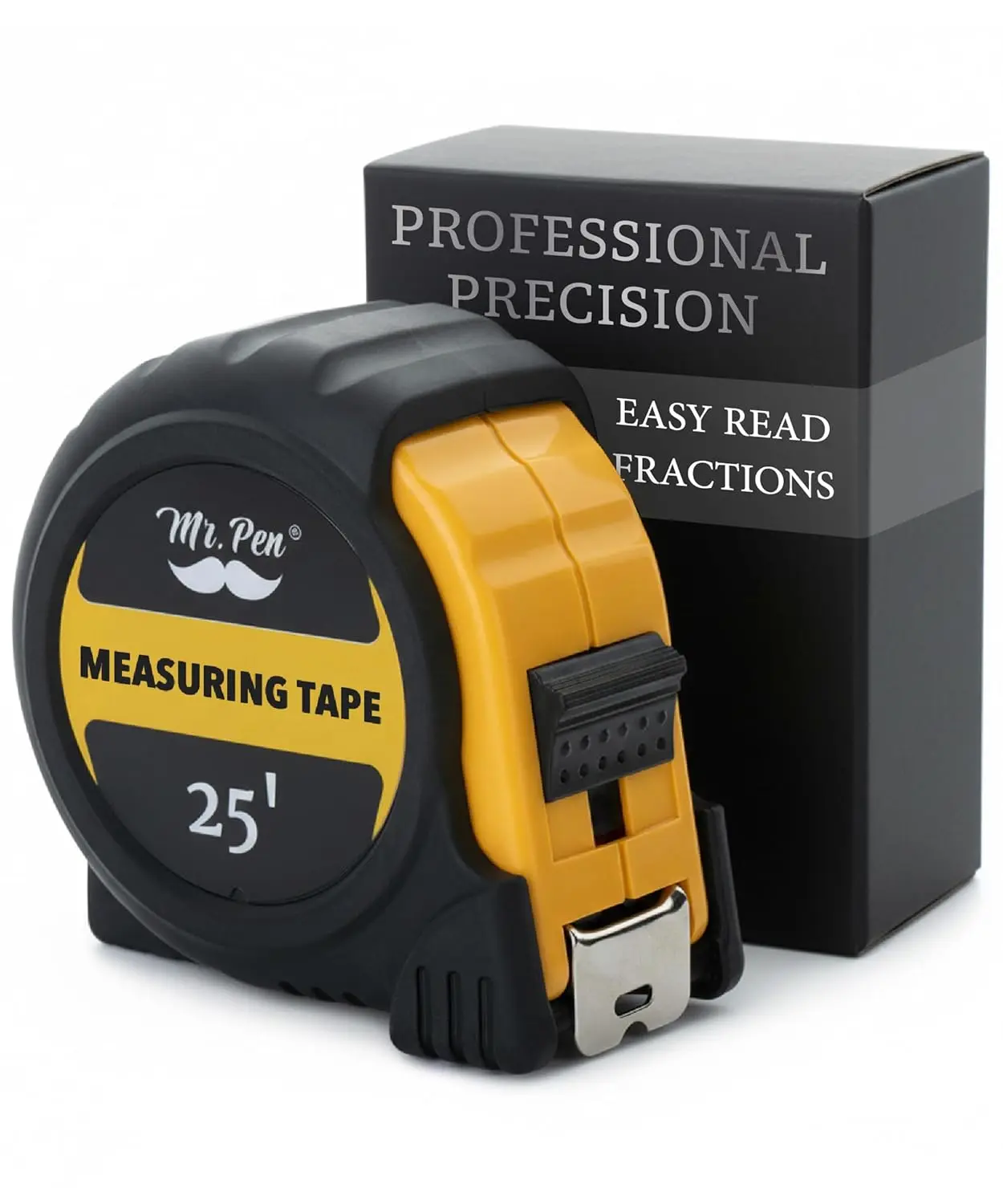 Steel Retractable Tape Measure, 25 ft Yellow Easy-Read Tape with Fractions, Ideal for Construction & DIY Projects