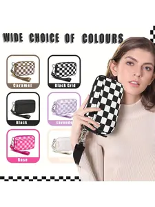 Fashionable Checked Pattern Clear Window Design Wristlet, Casual Versatile Zipper Coin Purse for Women, Trendy All-match Bag for Daily Use