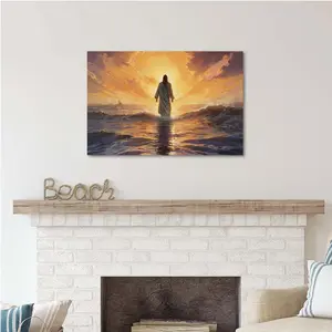 Christian Jesus Walking on Water Wall Art Sea Miracle Theme Sunset Soft Light Style for Living Room Devotional Nook Bedroom Faith Home Decor Religious Ornaments