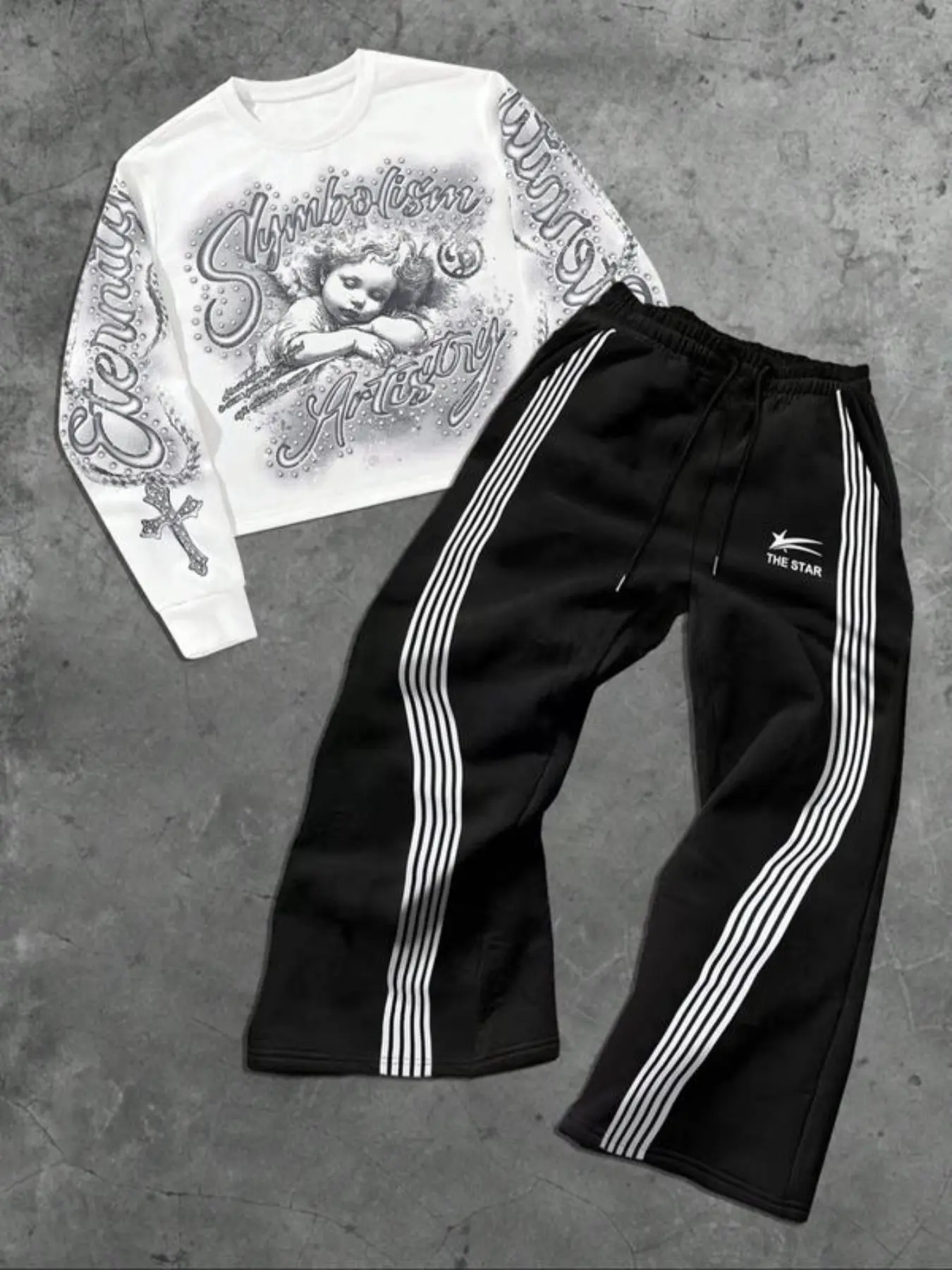 Men's Angel Print Hoodie & Jogger Pants Set, Casual Street Style, Streetwear, Fall Winter Fashion, Fitted Design, Trendy and Versatile, Outfit