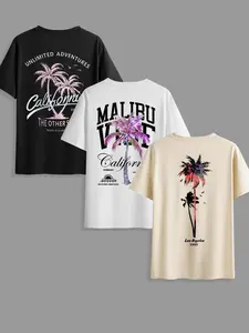Men's Classic Versatile Graphic Tropical Letter Coconut Tree T-Shirt 3-Piece Set, Summer Round Neck Short Sleeve Casual Tops for Outdoor Wear