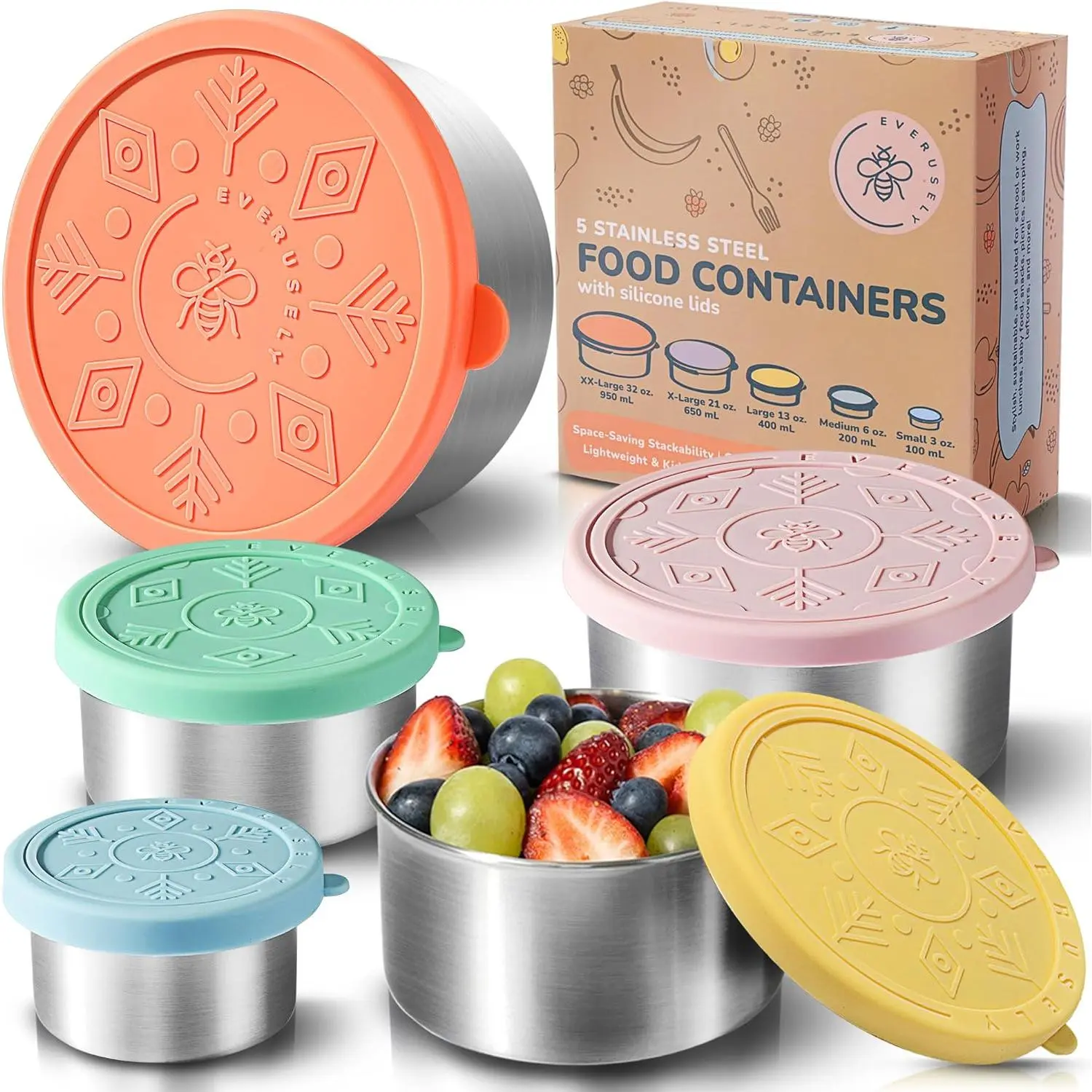 - Stainless Steel Containers with Lids - Set of 5, Bright Collection - Leakproof Stainless Steel  Containers - Nesting Snack Holders - Metal Lunch Box - Portable &  Meal Kit