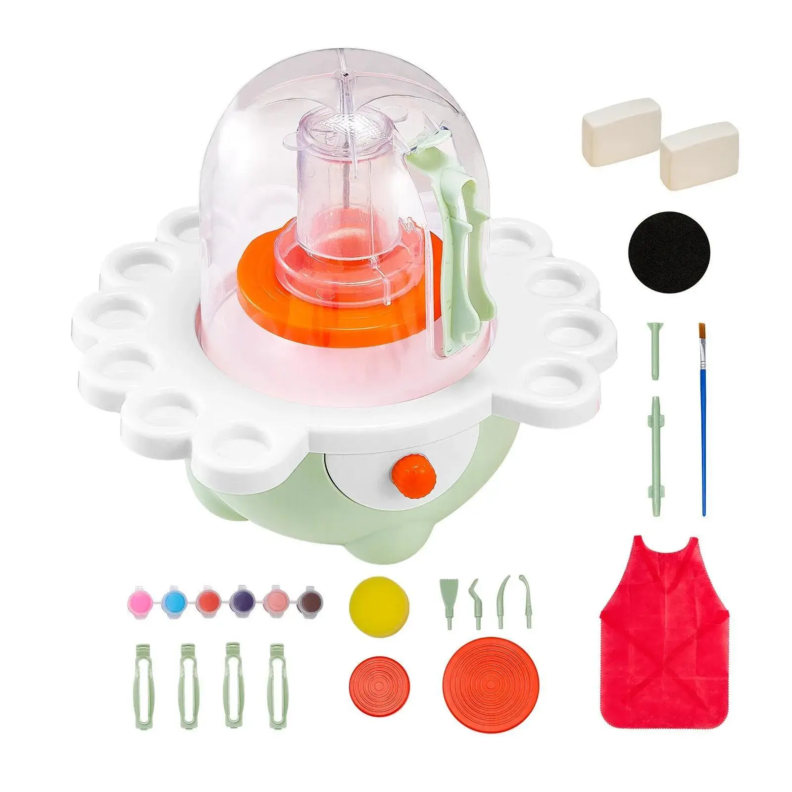 【Summerfinds】VEVOR Mini Electric Pottery Wheel DIY Kit, 2-in & 3-in Turntables, Adjustable Speed, Complete Set with Clay, Ceramics Craft Tools, Clay Art Items & Apron, Gift for Kids Beginners (Green), Axis
