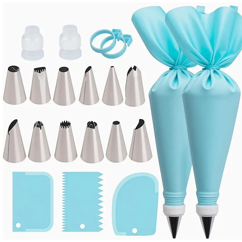 21-Piece Stainless Steel Icing Bag Set, Reusable Cake and Pastry Decorating Tools, Cake Decorating Kit, Cake Decoration Tools, Includes 2 Bags, 12 Nozzles, Silicone Rings, Couplers, Scrapers
