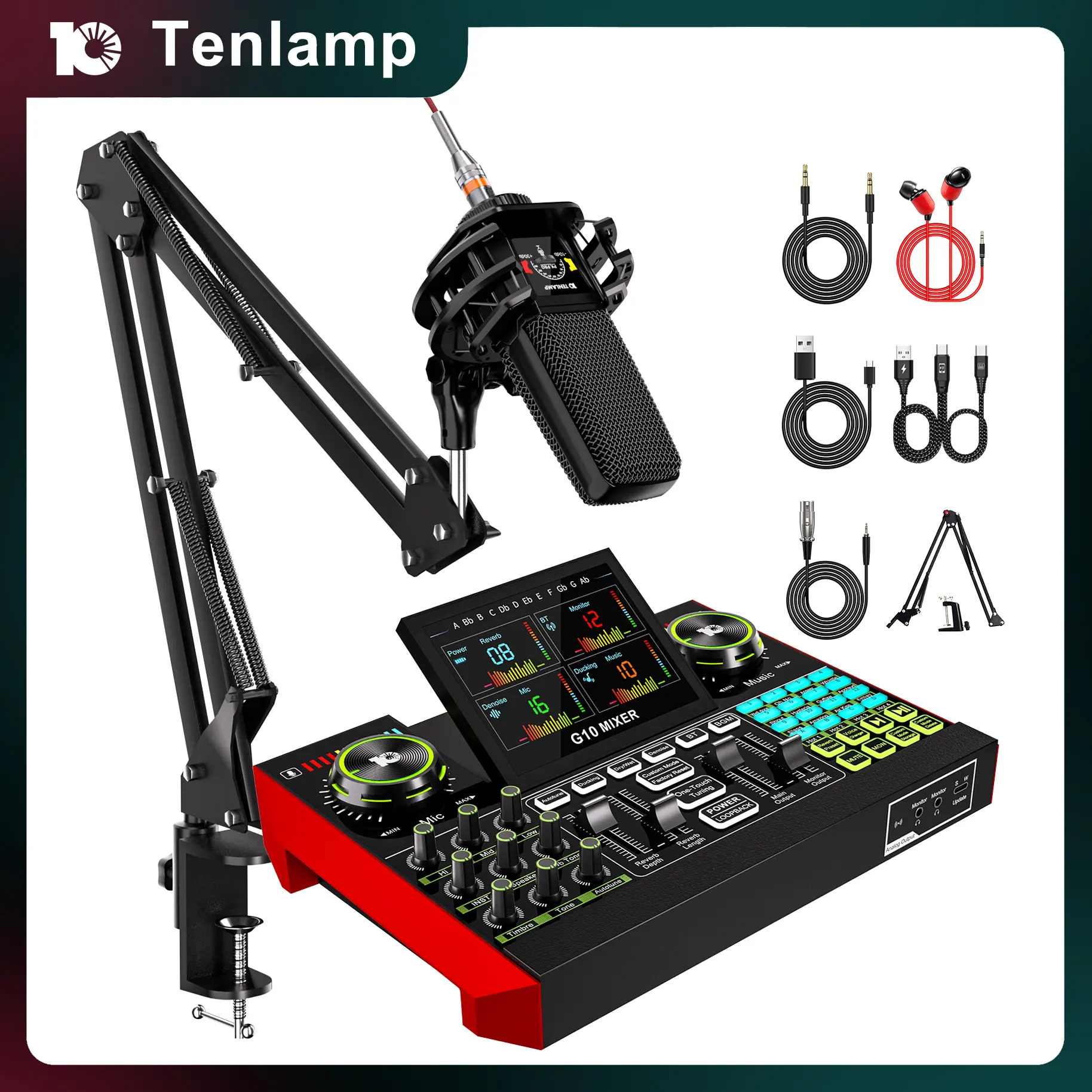 Tenlamp G10-PK Pro Cantilever Series Audio Mixer, Live Sound Card with XLR Microphone Connector, Professional Chipset, 48V Phantom Power Supply, One Touch Noise Reduction, One Touch Voice Change for Podcast,Recording,Vocal,Game Voice