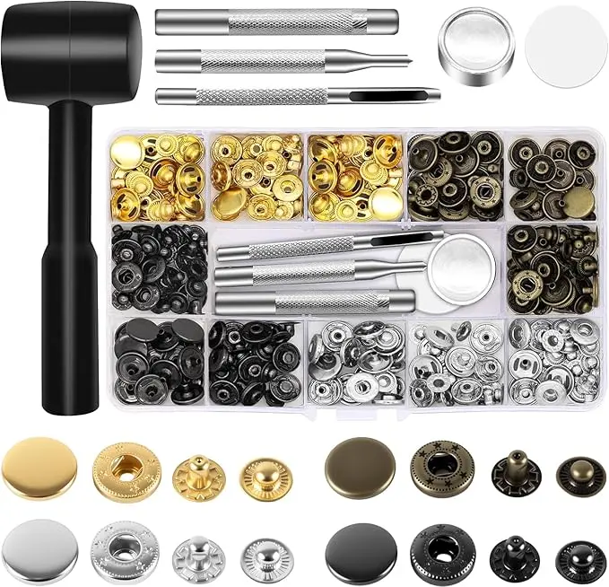 15mm Leather Snap Button Kits with Hammer Punch Spacer, 90 Sets Metal Snaps Press Studs with 4 Setter Tools for Thin Clothes, Jackets, Jeans Wears, Bracelets, Bags