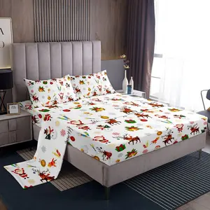 Christmas Bedding Sheet Set - Cute Cartoon Design with Snowman, Santa Claus, Reindeer, Christmas Bells, Breathable Sheets, Multiple Sizes for Bedroom Collection
