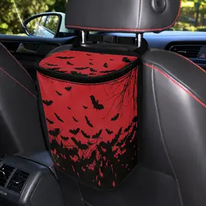Halloween Gift Black Bat Print Car Trash Can Accessories Organizer Garbage Bag Dustbin Container with Lid Waste Basket Storage Pocket Hanging Large Size Vehicle Trash Bin