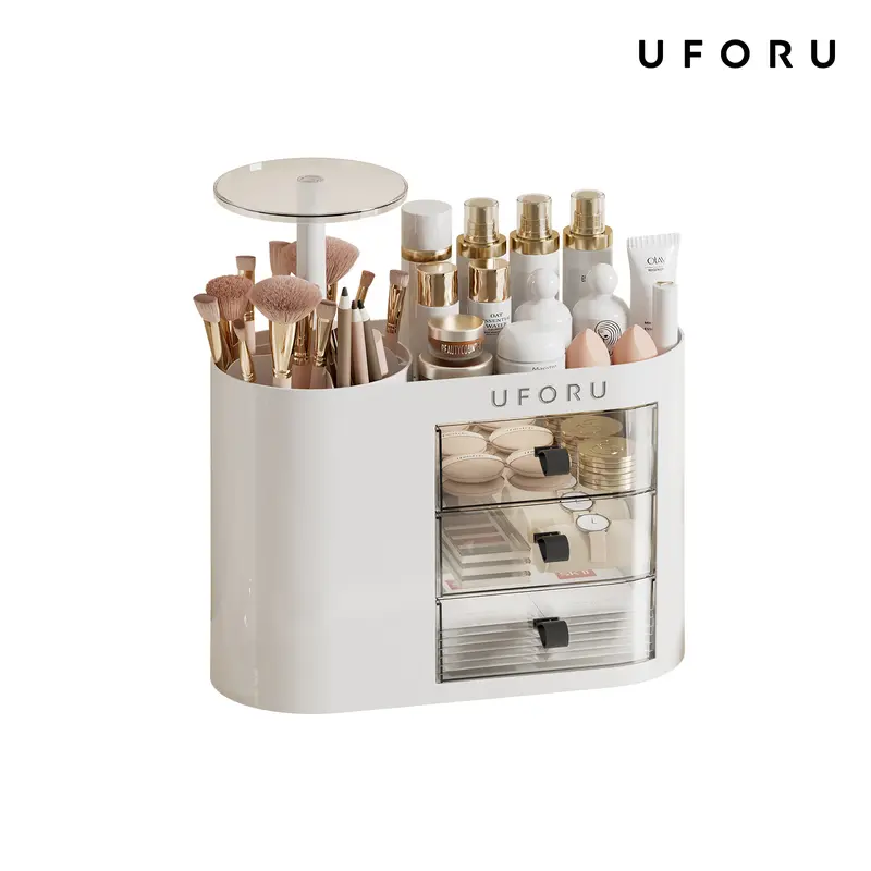 UFORU Classic Oval White Plastic Dustproof Makeup Organizer with Drawers, 4-Slot Brush Holder & 1-Touch Open, 12 In × 5.11 In × 8.26–11.6 In Bathroom Countertop Vanity Organizer for Get Organized Needs