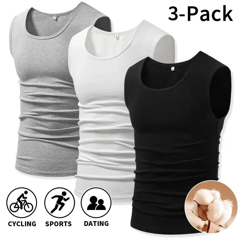 Basic solid-color men’s undershirts, 3-pack — pure rib cotton, slim stretch, U neck, sleeveless tank tops; lightweight, breathable, soft vests for home workouts and casual outdoor wear High Elasticity Lifestyle Beater Set
