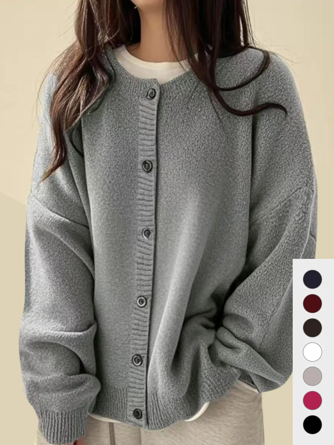 Autumn Winter New Vintage Round Neck Long Sleeve Solid Color Knitted Cardigan Women High-End Oversized Loose Casual Basic Simple Fashion Knitwear Sweater Coat Knitwear