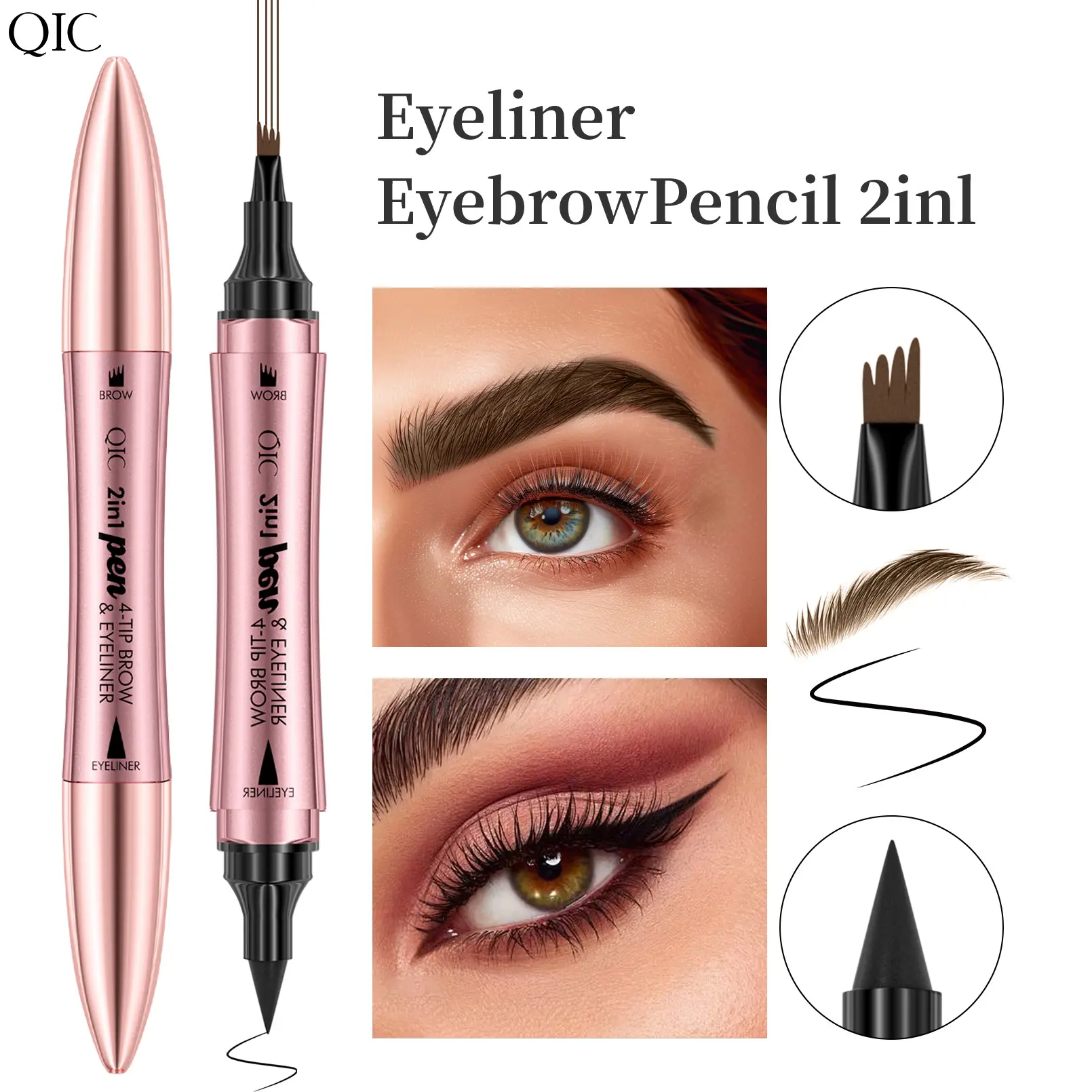 2-in-1 Eyebrow Pencil & Eyeliner Pen, 4 Tip Brow Pen for Natural Hair-Like Strokes, Waterproof Long Lasting Eye Makeup Tool for Everyday Beauty Look