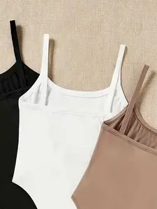 Three-piece set with thin strap square-neck fitted bodysuit, Basic Casual, slim fit. It can be worn as an inner layer or on its own, suitable for everyday wear, light commuting, and va