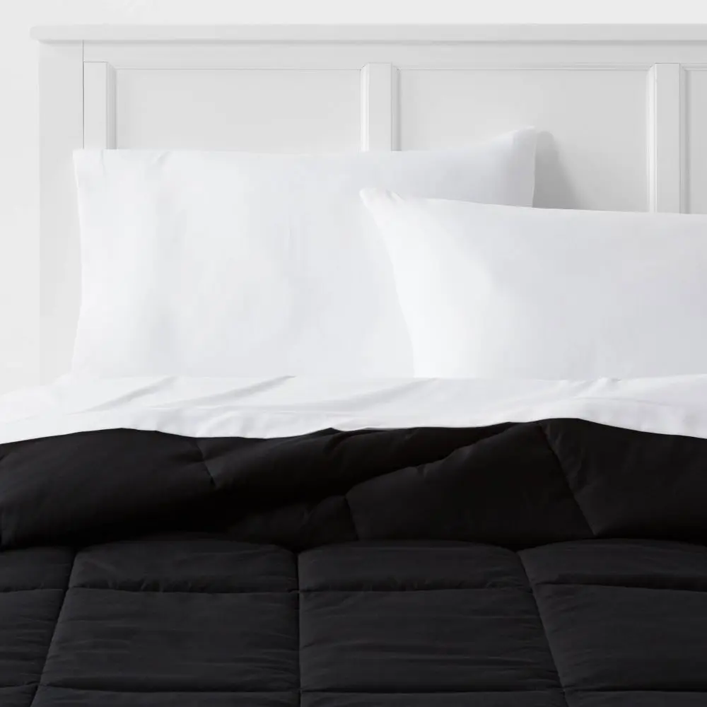 Full/Queen Down Alternative Washed Microfiber Reversible Comforter Black - Room Essentials