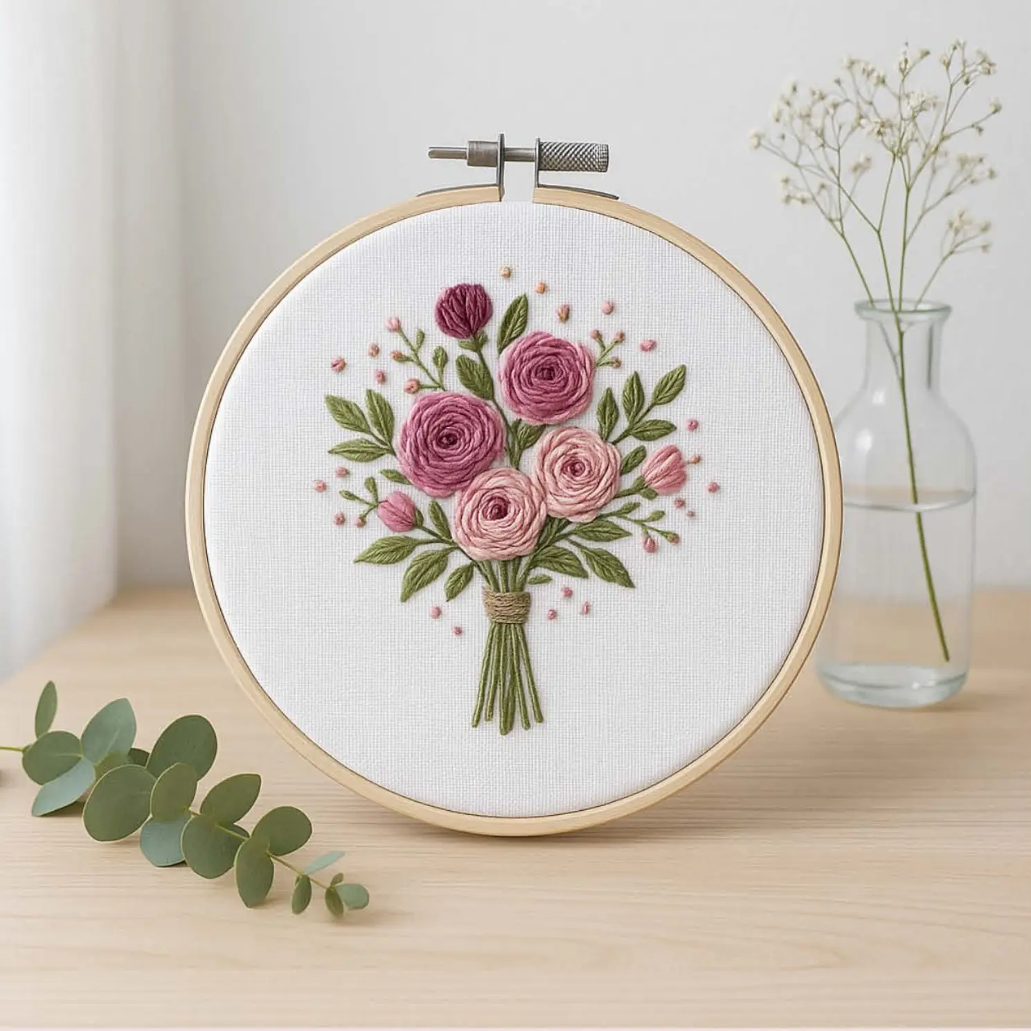 Embroidery Kit for Beginners, Hand Embroidery, Elegant Cross Stitch Set, Bouquet Design, Flower Embroidery, Includes Printed Fabric, Threads, Needles, DIY Craft Supplies, Handmade Embroidery