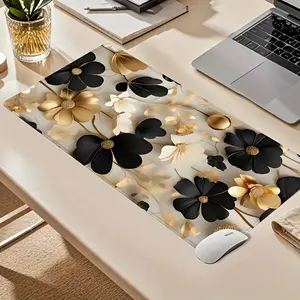 Extra Large Floral Art Gaming Mouse Pad - Black and Golden, Non-Slip Rubber Base, Stitched Edges, Smooth Surface Desk Mat, Suitable for Home Office