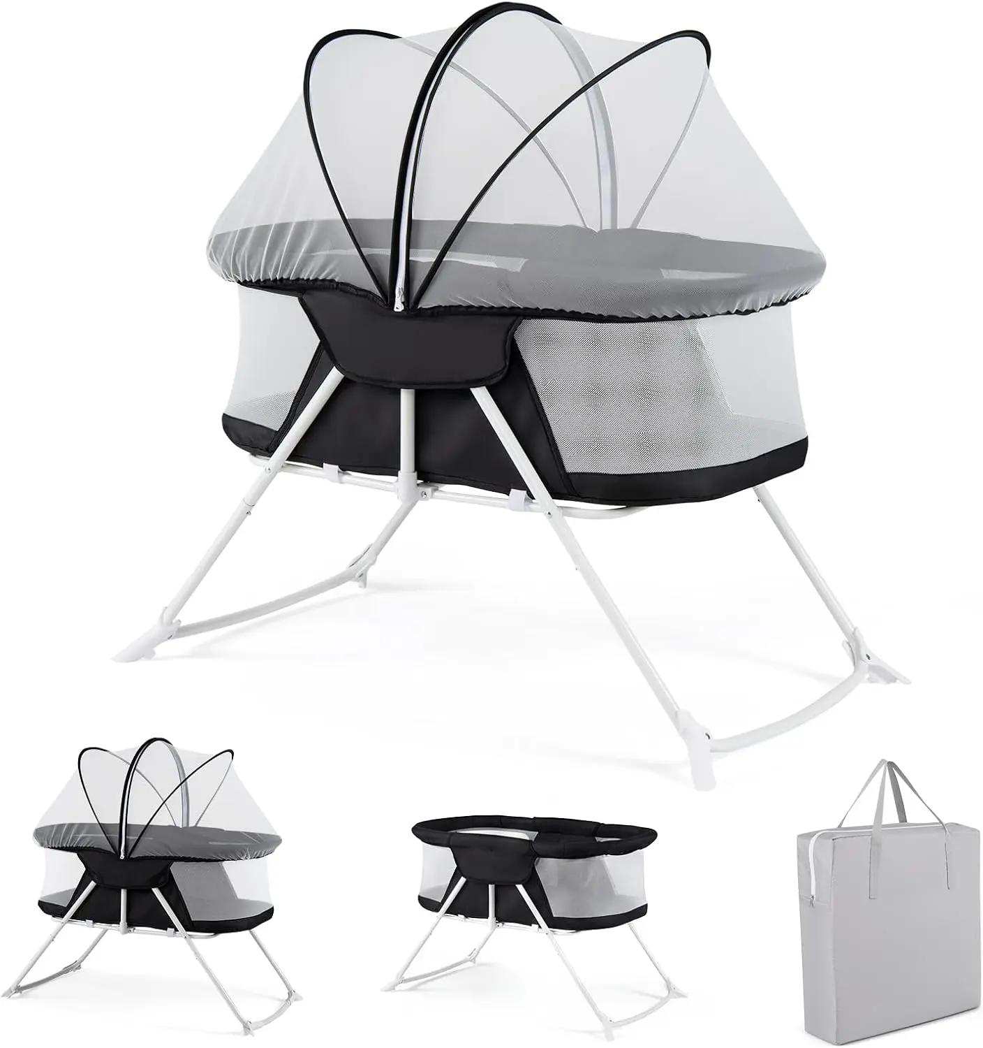 2 in 1 Bassinet, Foldable Bedside Crib with Breathable Mesh, Comfortable Mattress, Zippered Net Canopy & Portable Bag, Bassinet Bedside Sleeper for Baby, Infant & Newborn