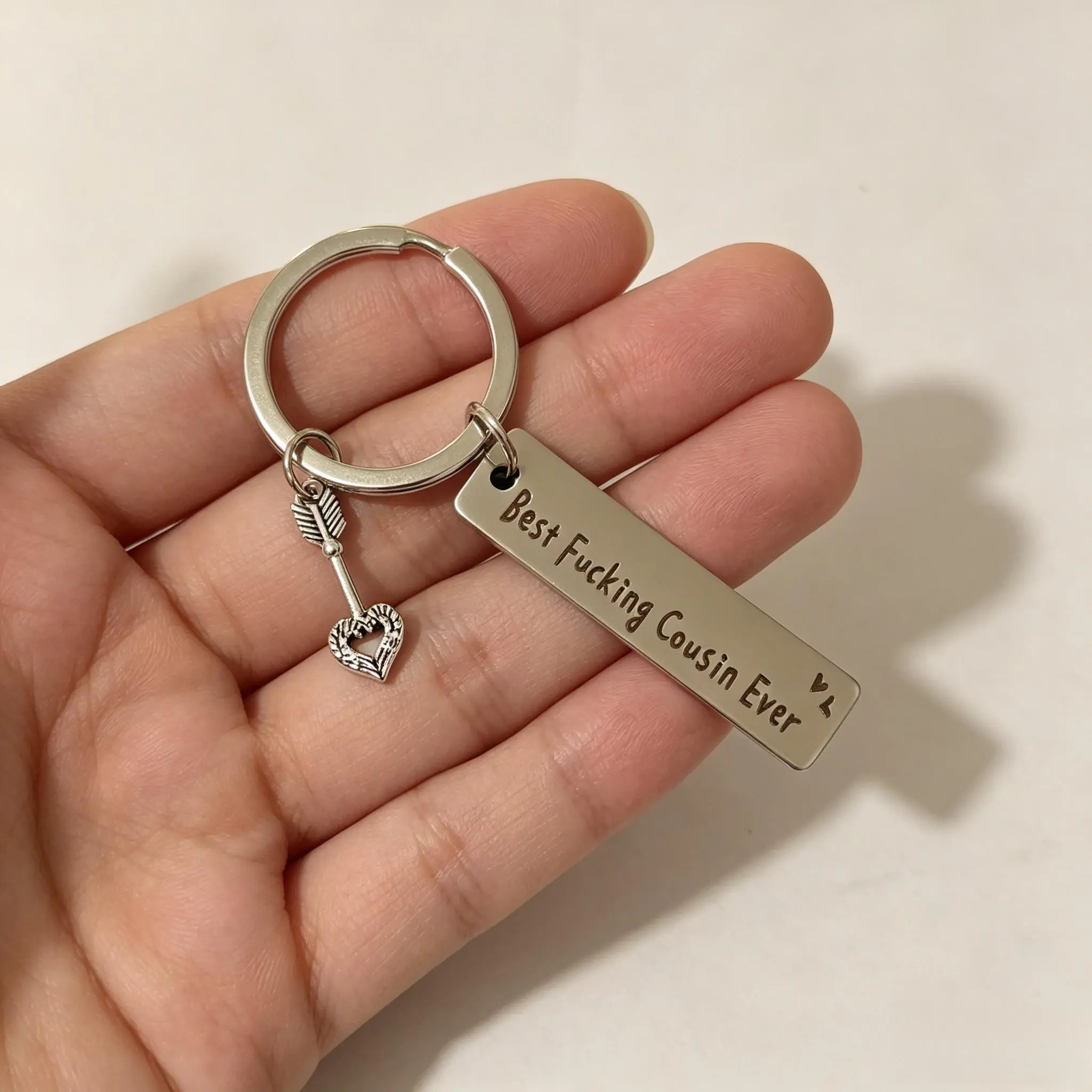 Women's Stainless Steel Charm Keychain - Funny Sarcastic "Best F*cking Cousin Ever" Arrow Heart, Custom Compact Metal Keychain for Women, Birthday Gifting, Keychains For Women, Custom Keychains