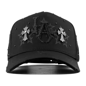 Premium Fitted Black Embroidered Snapback Hat - LA Dark Saints Bold Black Print Flat Bill Streetwear Accessory, Limited Edition Faith-Based Edgy Casual Headwear, Fitted Black Hat