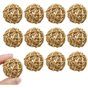 12PCS 1.2 Inch(30mm) Gold Wicker Rattan Balls Fade Resistant Decorative Orbs Spheres for Home Decor Wedding Centerpiece Bowls Vase Fillers Table Decor
