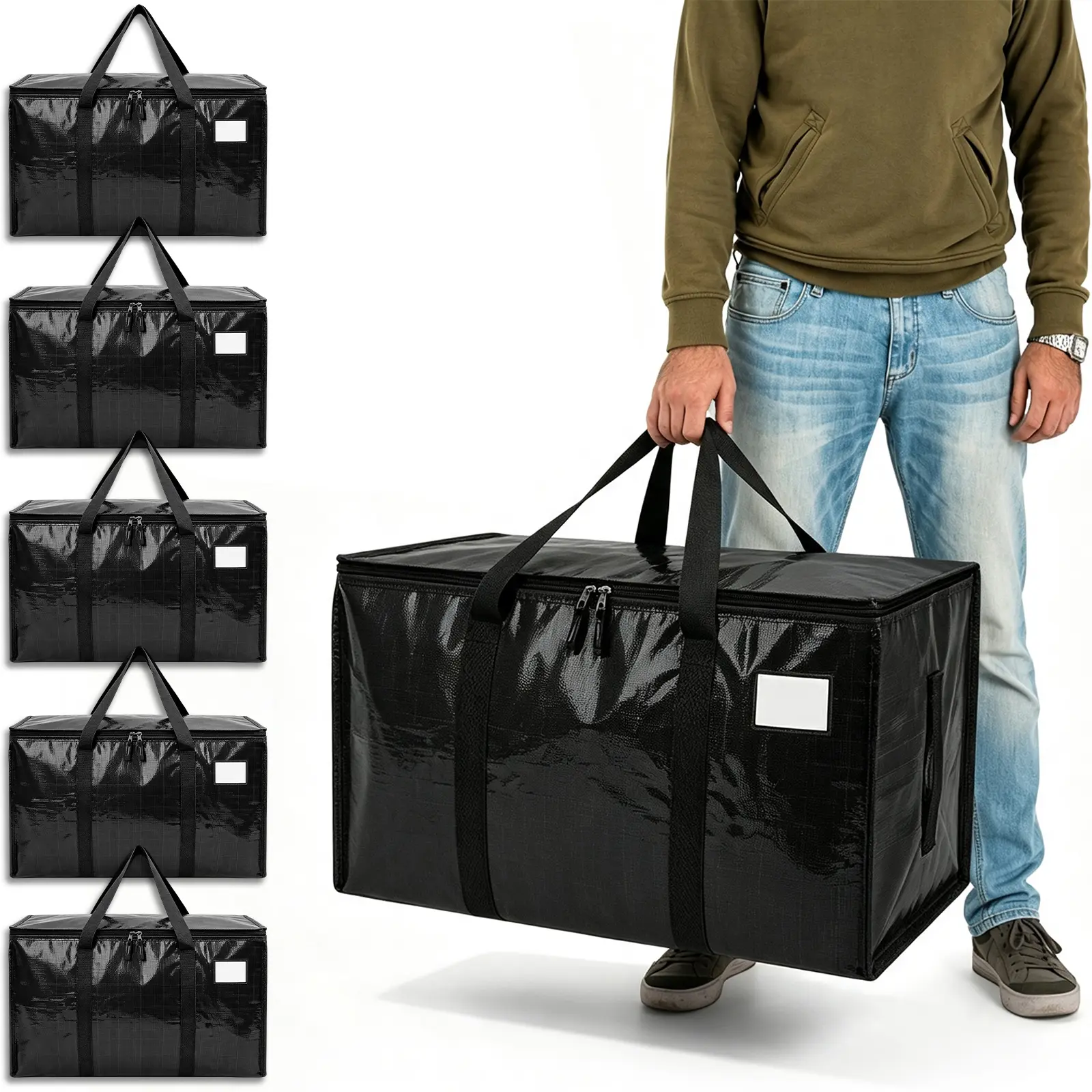 Nifogo 6-Pack Extra Large Heavy Duty Moving & Storage Bags, Waterproof Foldable Totes with Handles & Zippers for College Dorm Use (Black)