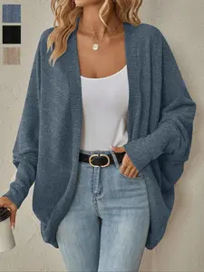 Women's Casual Long Sleeve Batwing Ribbed Knit Cardigan, Plain Textured Fabric, Fashionable Everyday Outerwear for Daily Wear & Commuting