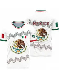 Mexico National Team Coat of Arms Print Soccer Jersey White Green Red Aztec Wave Pattern Breathable Quick Dry Short Sleeve Football Shirt for Mexico Fans, Mexican Football Enthusiasts, Latin American Soccer Supporters & National Pride Collectors