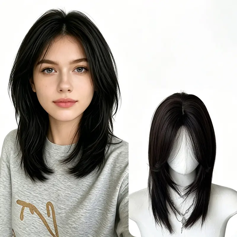 Lotfon Women's Glueless Synthetic Full Machine Wig for Black Women - 25 Inches Black Medium-Long Natural Straight Sleek Hair, No Bangs, Adjustable Head Circumference, 8 oz, Lightweight, Breathable, Heat Resistant, Easy to Wear & Style, Glueless Wigs, Wigs