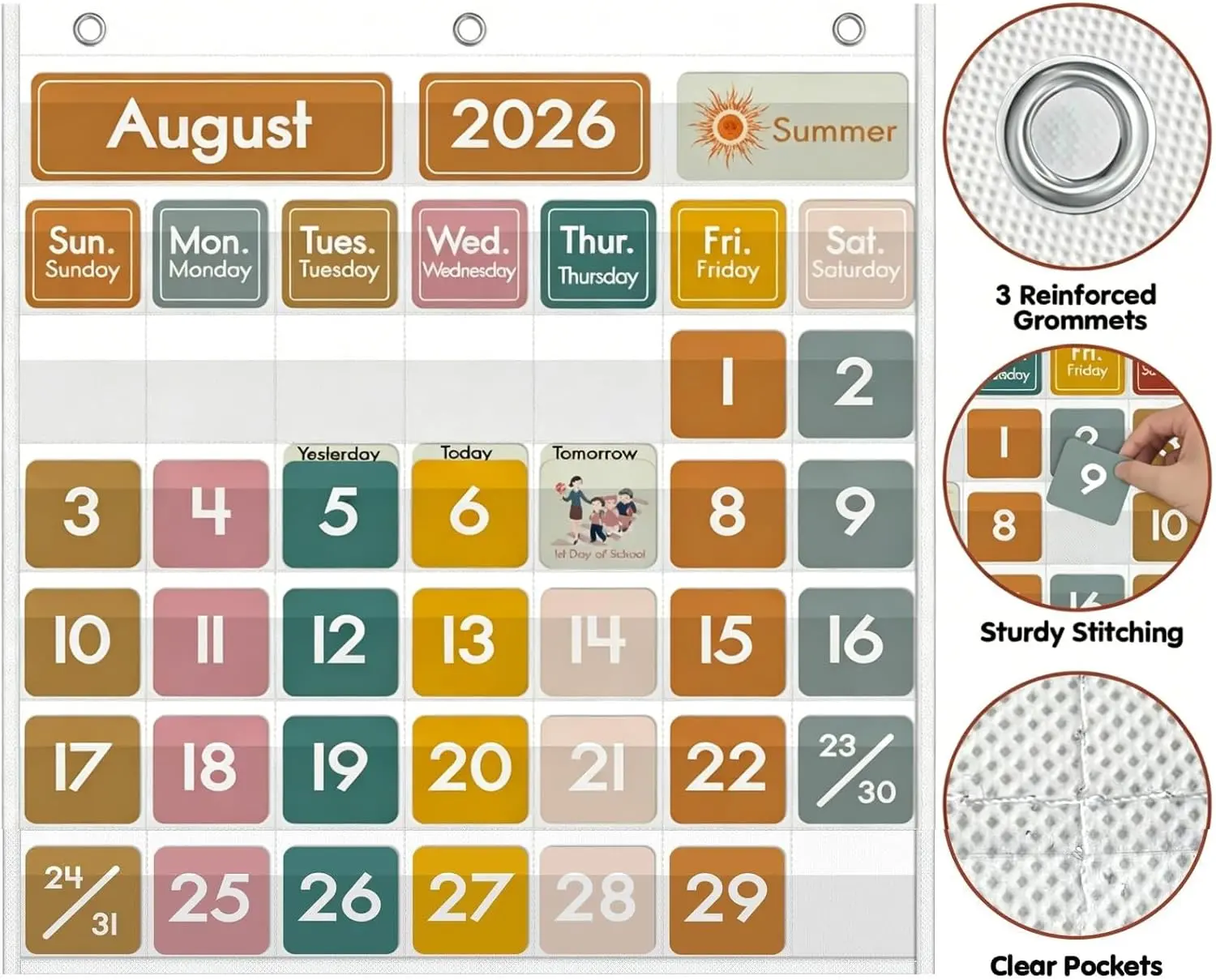 45 Pockets Classroom Calendar for Kids Learning Boho Decor with 76 Double-Sided Colorful Cards Teacher Must Have Supplies 24" W x 25" H planner