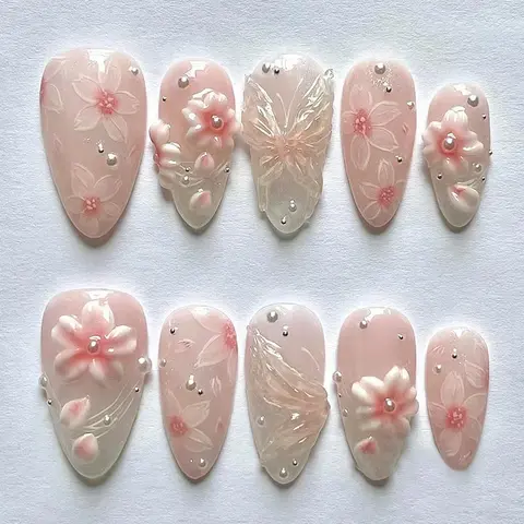 Stylish Detachable Wearable Transferable DIY Nail Art Set, 24pcs Flower Nails Gradient Ice Flower Design, Sweet Versatile European Style, Easy to Apply & Remove