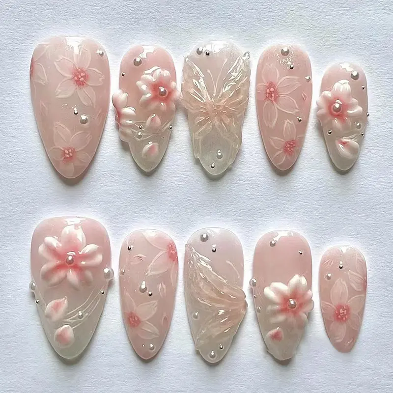 Stylish Detachable Wearable Transferable DIY Nail Art Set, 24pcs Flower Nails Gradient Ice Flower Design, Sweet Versatile European Style, Easy to Apply & Remove
