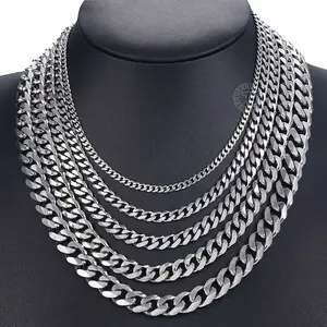 Silvery Necklace 3/5/7/9/11mm Stainless Steel Cuban Link Chain for Men & Womens Basic Chokers 18-30 Inch -collar con cadena cubana de acero inoxidable