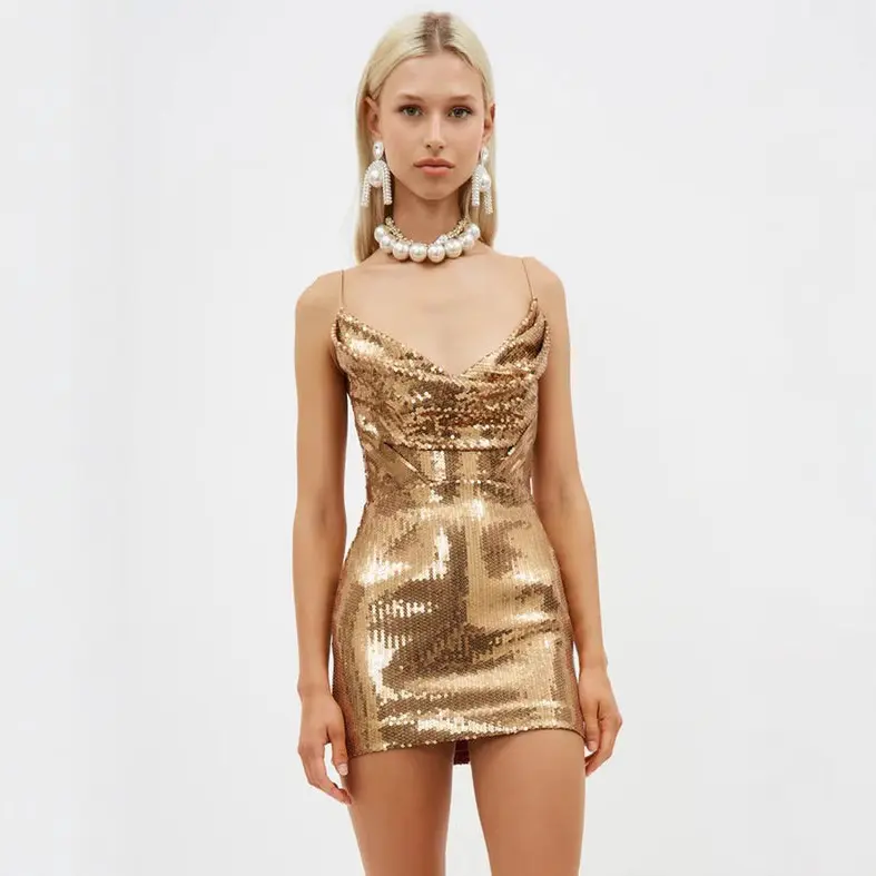 Women's Gold Sequin Cowl Neck Spaghetti Strap Mini Dress - Ruched Glitter  Bodycon Party Dress for Night Out, Cocktail Event, Prom - TikTok Shop