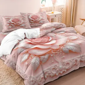 3pcs Pink Rose Silvery Leaves Pearl Pattern Duvet Cover Bedding Set, Included 1 Duvet Cover & 2 Pillowcases, Elegant Design For Bedroom Hotel Dormitory Decoration, Machine Washable, Soft Comfortable Perfect For All Seasons, Floral Bedding Sets