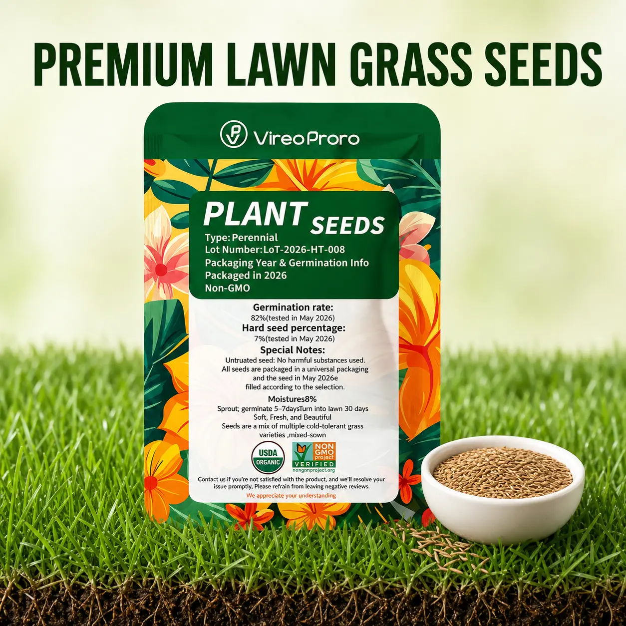 Natural Lawn Grass Seeds (3000 Seeds) - Fast-Growing, All-Seasons Evergreen Outdoor Turf, High Germination Rate, Low-Maintenance Gardening for Landscape, Partial Shade & Most Environments